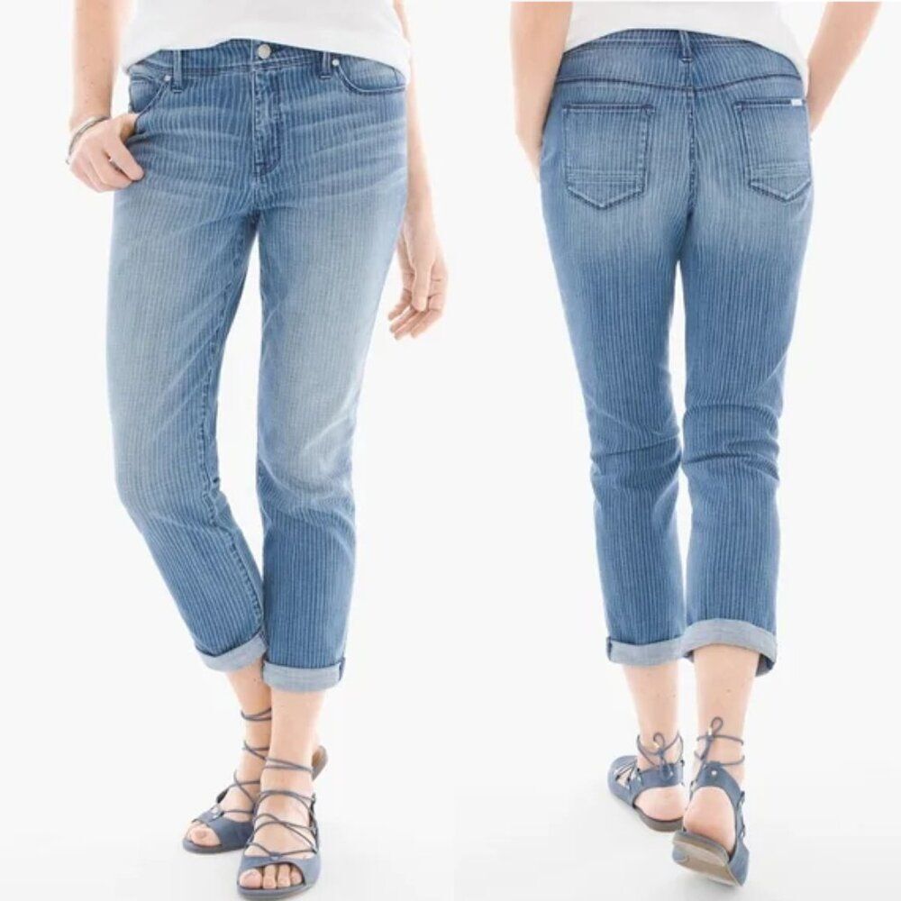 Chico's Light Blue Pinstripe Straight-Leg Cropped Jeans